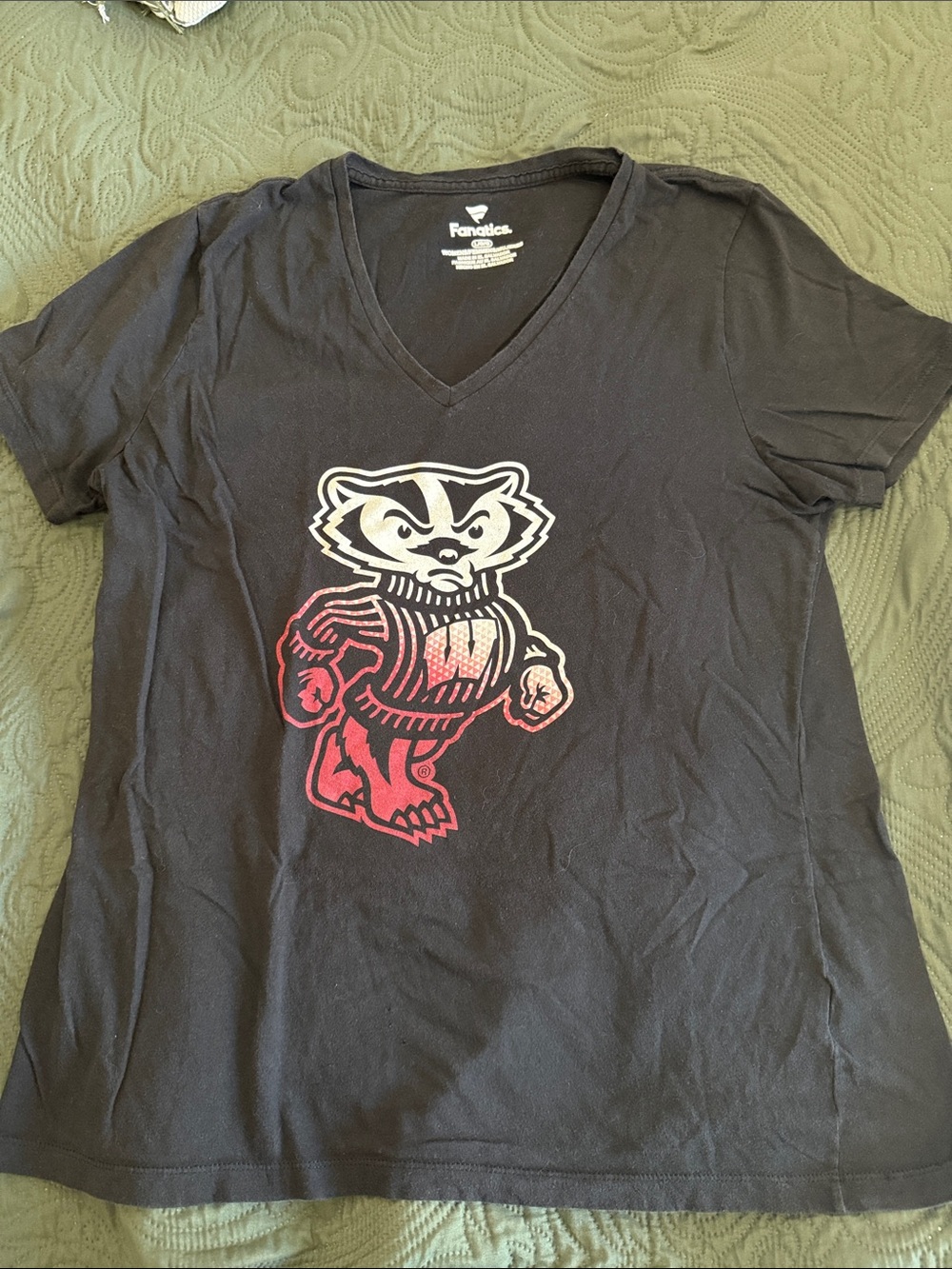 Fanatics Black V-Neck Tee with Red and White Mascot Graphic